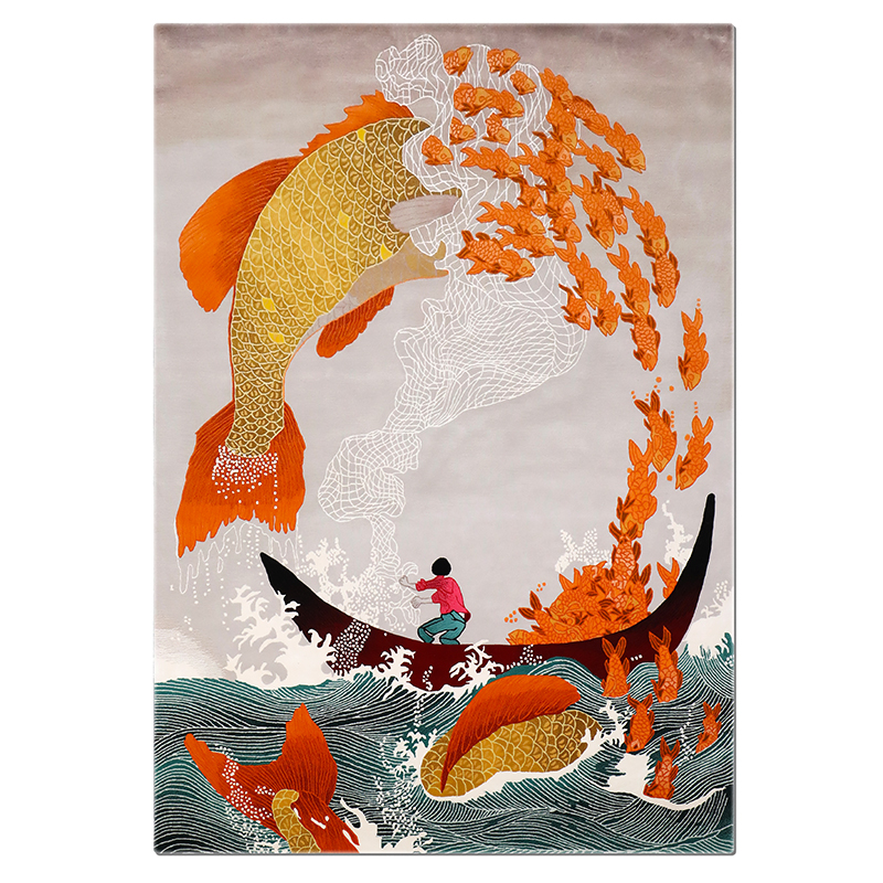 Wool Bamboo Girl Fishing Corful Rug
